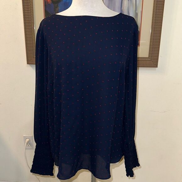 Ann Taylor Navy Blue Polka Dot Pattern Top Size Large - Picture 1 of 11